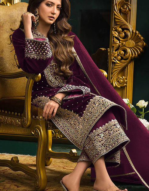 Traditional Party Wear Velvet Salwar Suit Purple Velvet Palazzo Straight Close-up View